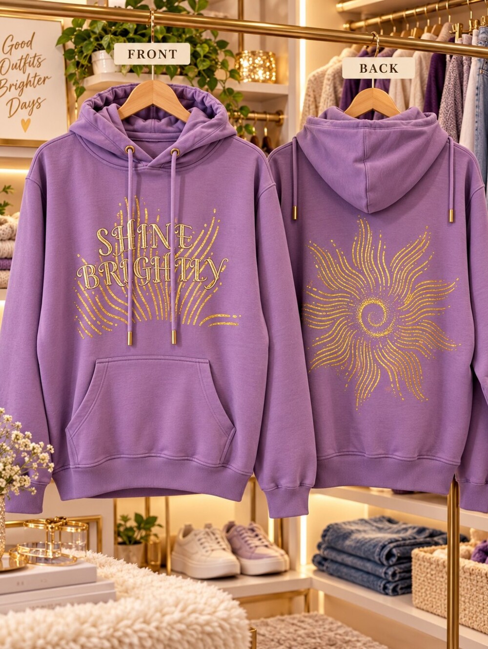 Spicy Bloom Brand "Shine Brightly" Gold Glitter Oversized Hoodie Lilac M NWT